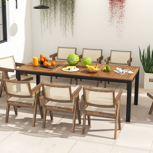 8-Person Outdoor Dining Table 79 Inch Acacia Wood Patio Table with Umbrella Hole - Color: Natural - Image 2