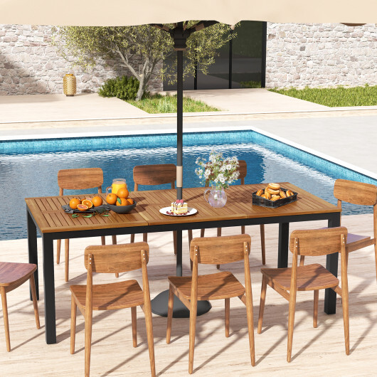 8-Person Outdoor Dining Table 79 Inch Acacia Wood Patio Table with Umbrella Hole - Color: Natural - Image 3