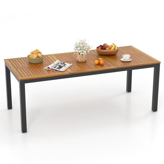 8-Person Outdoor Dining Table 79 Inch Acacia Wood Patio Table with Umbrella Hole - Color: Natural - Image 4