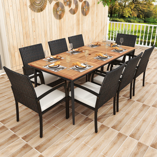 9-Piece Patio Dining Set with Umbrella Hole and 8 Rattan-woven Dining Chairs with Seat Cushions - Color: Natural - Image 2