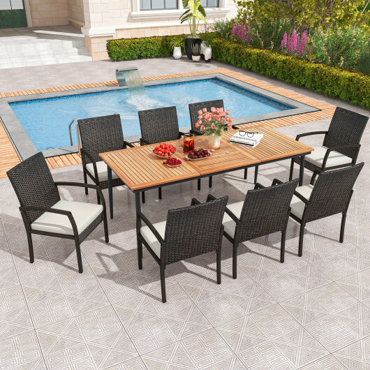 9-Piece Patio Dining Set with Umbrella Hole and 8 Rattan-woven Dining Chairs with Seat Cushions - Color: Natural - Image 3