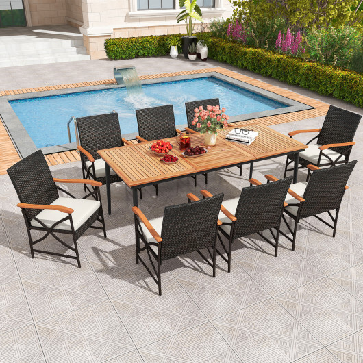 79 Inch Outdoor Acacia Wood Dining Table and 8 Rattan-woven Dining Chairs with Umbrella Hole - Color: Natural - Image 2