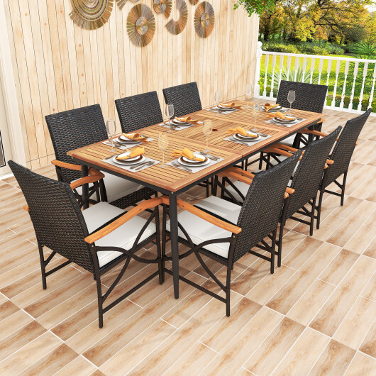 79 Inch Outdoor Acacia Wood Dining Table and 8 Rattan-woven Dining Chairs with Umbrella Hole - Color: Natural - Image 3