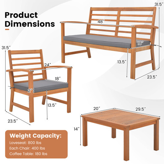 4 Pieces Outdoor Furniture Set with Stable Acacia Wood Frame-Gray - Color: Gray - Image 2