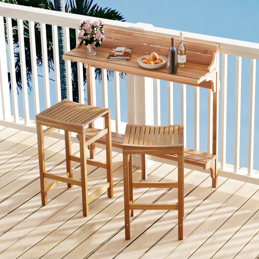 3 Pieces Patio Acacia Wood Bar Table Set with Footrest Curved Wood Seat - Color: Natural - Image 2