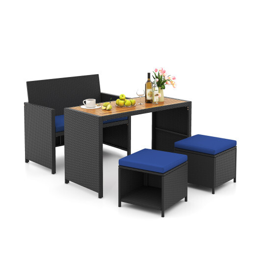 4 Piece Outdoor Dining Set with Wood Topped Dining Table Rattan Loveseat Chair and 2 Ottomans-Navy - Color: Navy