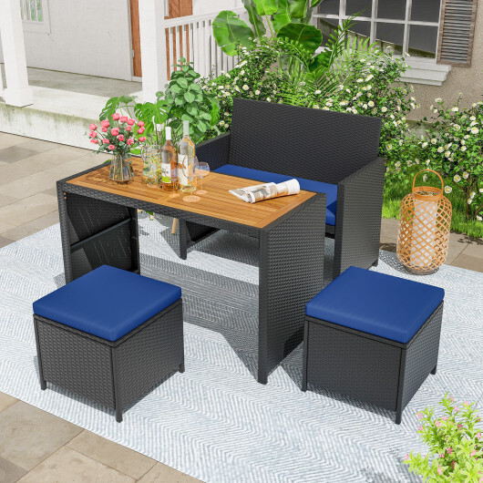 4 Piece Outdoor Dining Set with Wood Topped Dining Table Rattan Loveseat Chair and 2 Ottomans-Navy - Color: Navy - Image 2