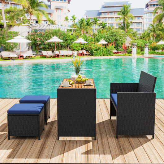4 Piece Outdoor Dining Set with Wood Topped Dining Table Rattan Loveseat Chair and 2 Ottomans-Navy - Color: Navy - Image 3