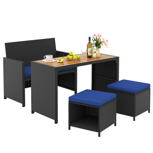 4 Piece Outdoor Dining Set with Wood Topped Dining Table Rattan Loveseat Chair and 2 Ottomans-Navy - Color: Navy - Image 4