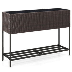 Wicker Raised Garden Bed with Storage Shelf and Drainage Gaps for Flowers - Color: Brown