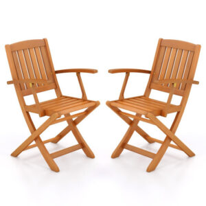 Patio Wood Folding Chair Set of 2 with Armrests and Slatted Seat - Color: Natural