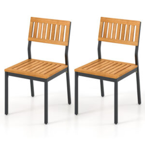 Patio Dining Chair Set of 2 with Metal and Acacia Wood Frame - Color: Natural
