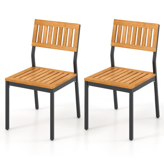 Patio Dining Chair Set of 2 with Metal and Acacia Wood Frame - Color: Natural