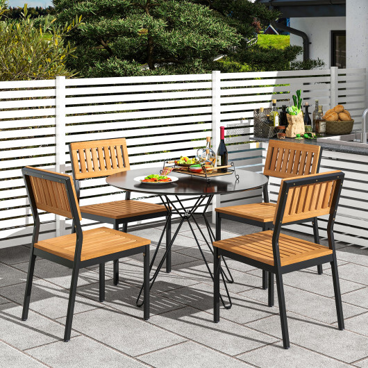 Patio Dining Chair Set of 2 with Metal and Acacia Wood Frame - Color: Natural - Image 3