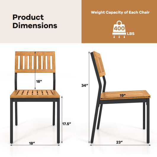 Patio Dining Chair Set of 2 with Metal and Acacia Wood Frame - Color: Natural - Image 5