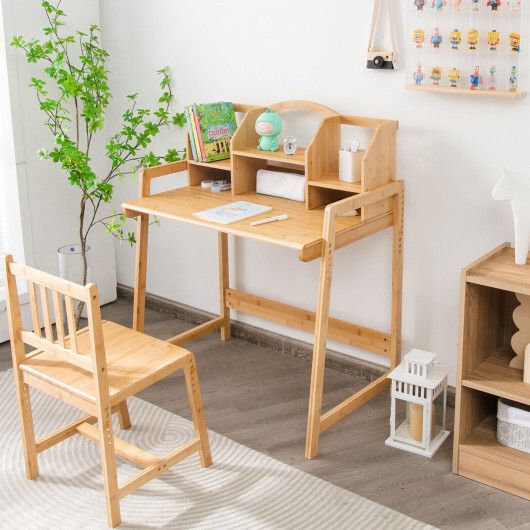 Bamboo Kids Study Desk and Chair Set with Bookshelf - Color: Natural - Image 2
