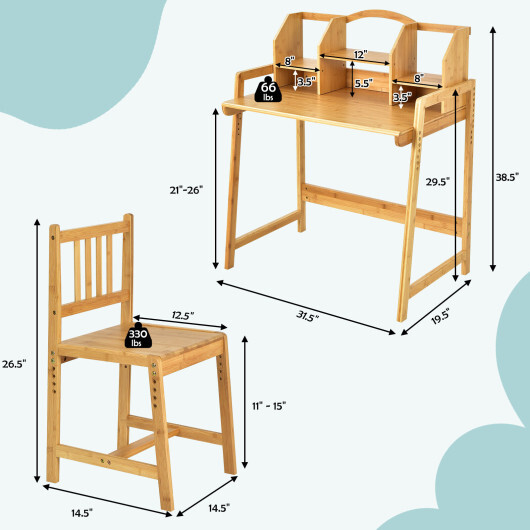 Bamboo Kids Study Desk and Chair Set with Bookshelf - Color: Natural - Image 4