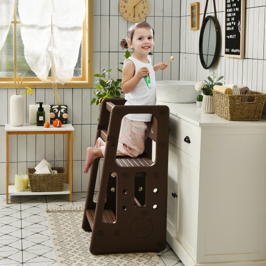 Kids Kitchen Step Stool with Double Safety Rails -Brown - Color: Brown - Image 2