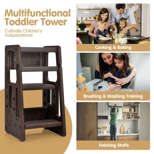 Kids Kitchen Step Stool with Double Safety Rails -Brown - Color: Brown - Image 5