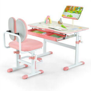 Height-Adjustable Kid's Study Desk and Chair Set-Pink - Color: Pink