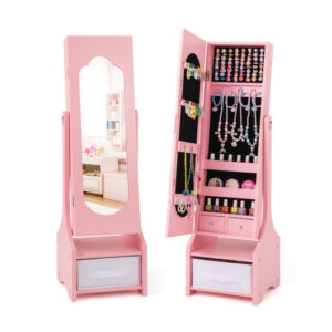 Freestanding Kids Jewelry Armoire Cabinet with Storage and 2 Tilt Angles-Pink - Color: Pink