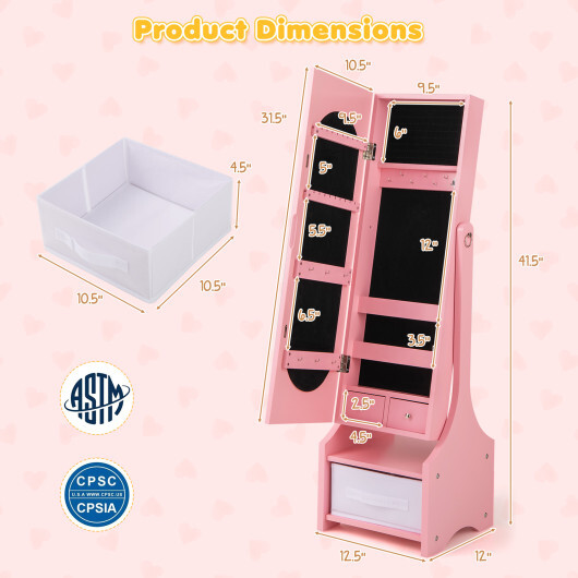 Freestanding Kids Jewelry Armoire Cabinet with Storage and 2 Tilt Angles-Pink - Color: Pink - Image 4