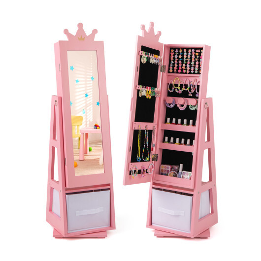 Kids Jewelry Armoire Cabinet with Large Storage Capacity and Swivel Base-Pink - Color: Pink