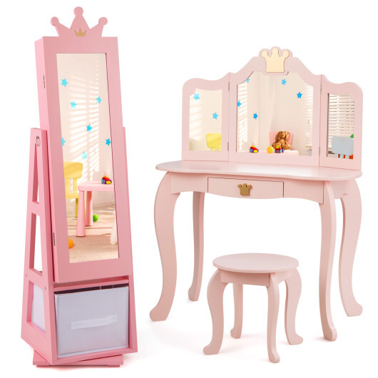 Kids Jewelry Armoire Cabinet with Large Storage Capacity and Swivel Base-Pink - Color: Pink - Image 4