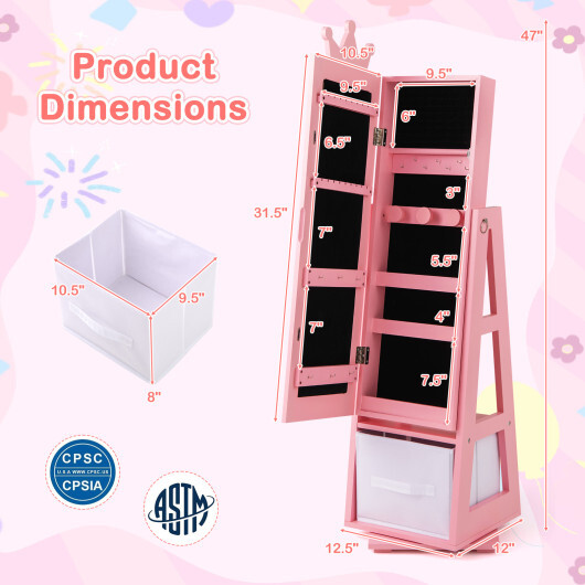 Kids Jewelry Armoire Cabinet with Large Storage Capacity and Swivel Base-Pink - Color: Pink - Image 5