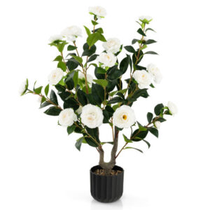 38 Inch Artificial Camellia Tree Faux Flower Plant in Cement Pot-White - Color: White