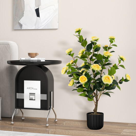 38 Inch Artificial Camellia Tree Faux Flower Plant in Cement Pot 2 Pack-Yellow - Color: Yellow - Image 2