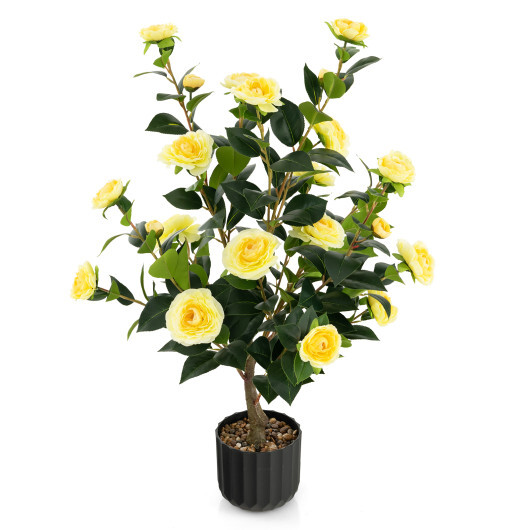 38 Inch Artificial Camellia Tree Faux Flower Plant in Cement Pot 2 Pack-Yellow - Color: Yellow - Image 4
