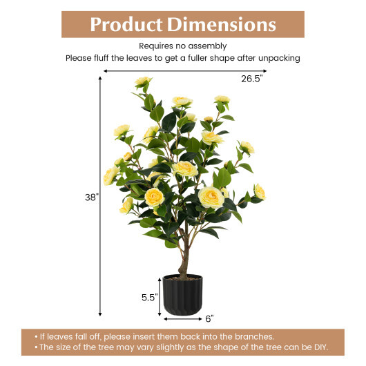 38 Inch Artificial Camellia Tree Faux Flower Plant in Cement Pot 2 Pack-Yellow - Color: Yellow - Image 5