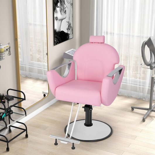 360?°Swivel Reclining Salon Chair for Hair Stylist-Pink - Color: Pink - Image 2
