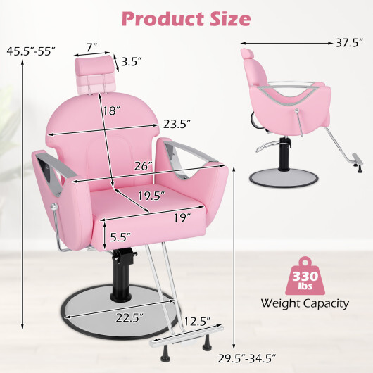 360?°Swivel Reclining Salon Chair for Hair Stylist-Pink - Color: Pink - Image 3