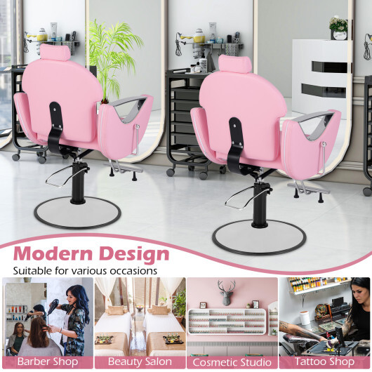 360?°Swivel Reclining Salon Chair for Hair Stylist-Pink - Color: Pink - Image 4