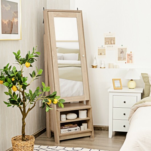 2-in-1 Wooden Cosmetics Storage Cabinet with Full-Length Mirror and Bottom Rack - Color: Natural - Image 2