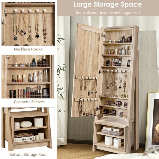 2-in-1 Wooden Cosmetics Storage Cabinet with Full-Length Mirror and Bottom Rack - Color: Natural - Image 3