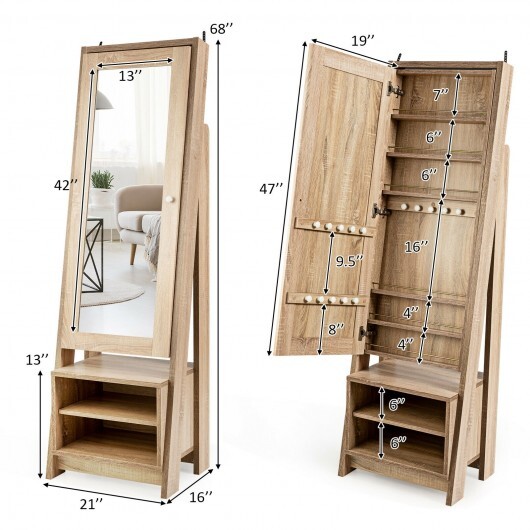 2-in-1 Wooden Cosmetics Storage Cabinet with Full-Length Mirror and Bottom Rack - Color: Natural - Image 5