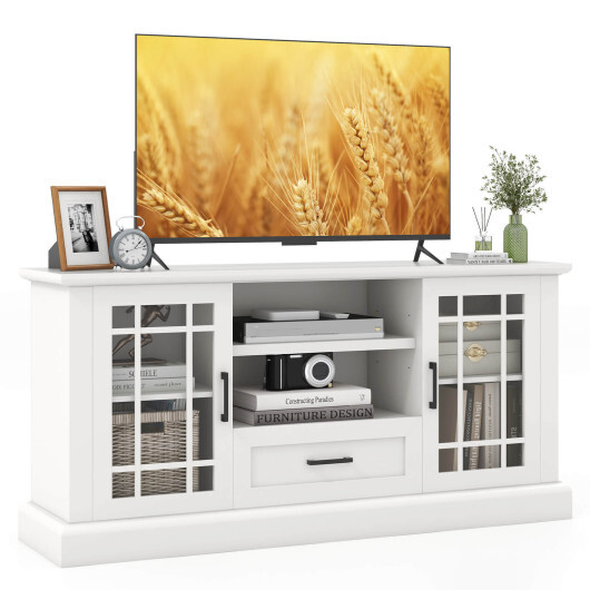 TV Stand for TVs up to 70 with Glass Doors Cubbies and Drawer-White - Color: White - Image 4