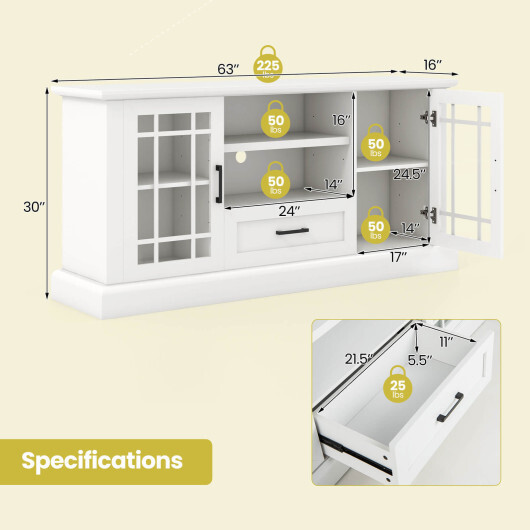 TV Stand for TVs up to 70 with Glass Doors Cubbies and Drawer-White - Color: White - Image 5