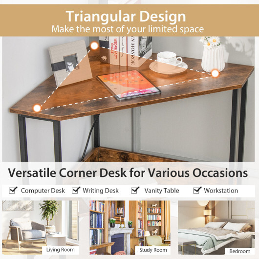 Triangle Computer Corner Desk with Charging Station-Rustic Brown - Color: Rustic Brown - Image 3