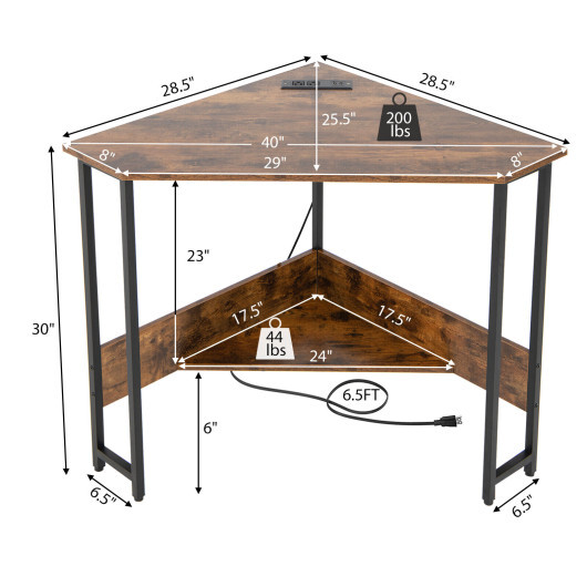 Triangle Computer Corner Desk with Charging Station-Rustic Brown - Color: Rustic Brown - Image 4