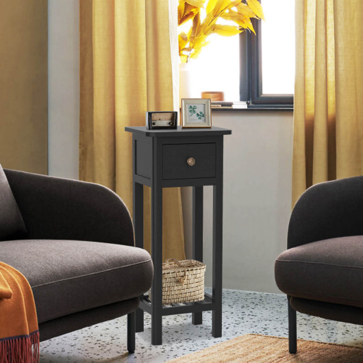 2 Tier Slim Nightstand Bedside Table with Drawer Shelf-Black - Color: Black - Image 3