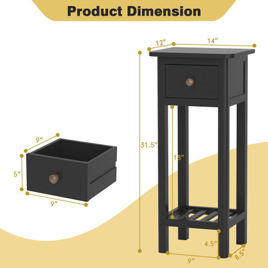 2 Tier Slim Nightstand Bedside Table with Drawer Shelf-Black - Color: Black - Image 4