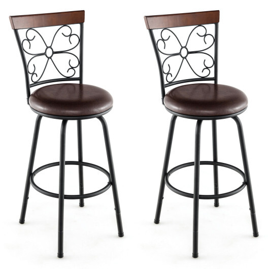 2 Pieces 24-30 Inch Adjustable PU Cushioned Swivel Barstools-Brown - Color: Brown