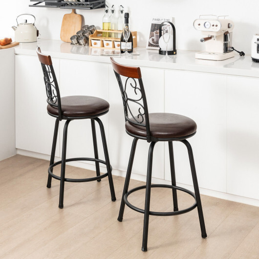 2 Pieces 24-30 Inch Adjustable PU Cushioned Swivel Barstools-Brown - Color: Brown - Image 2