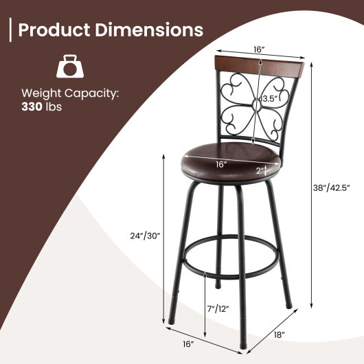 2 Pieces 24-30 Inch Adjustable PU Cushioned Swivel Barstools-Brown - Color: Brown - Image 4