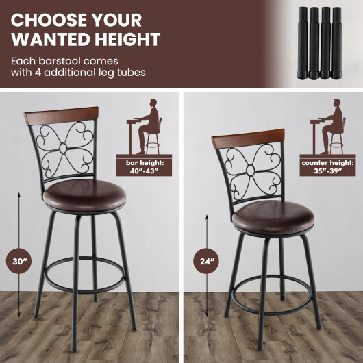2 Pieces 24-30 Inch Adjustable PU Cushioned Swivel Barstools-Brown - Color: Brown - Image 5