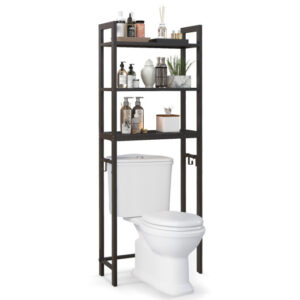 Over-The-Toilet Storage Shelf Space Saving Metal Bathroom Organizer Hooks-Brown - Color: Brown